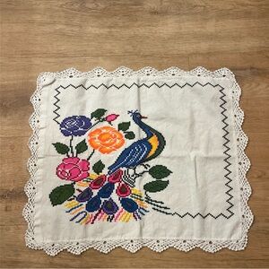 Intricate folk art cross-stitch embroidered table topper/ wall hanging 21.5"x18